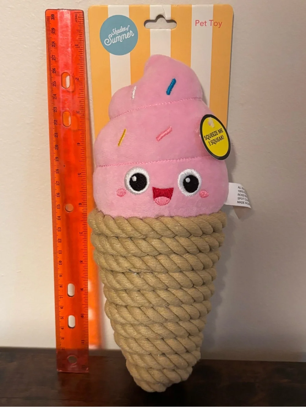 Pink Ice Cream Squeaky Dog Toy - Plush & Rope